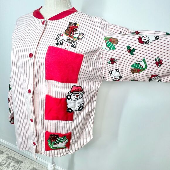 NWT VTG Moon Dance Christmas Teddy Bear Holly Candy Cane Striped Pajama Set M - Picture 2 of 12